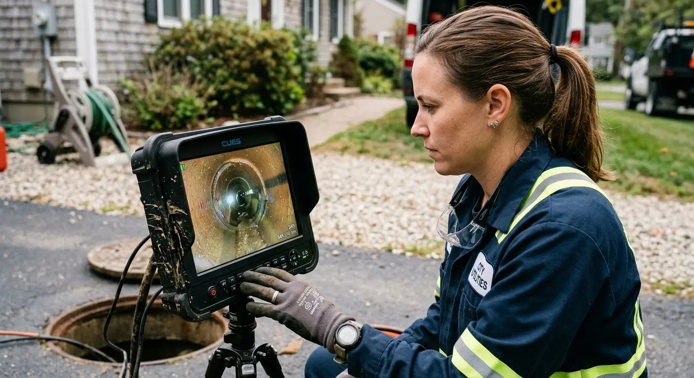 Technician reviewing sewer camera inspection footage in Glendale