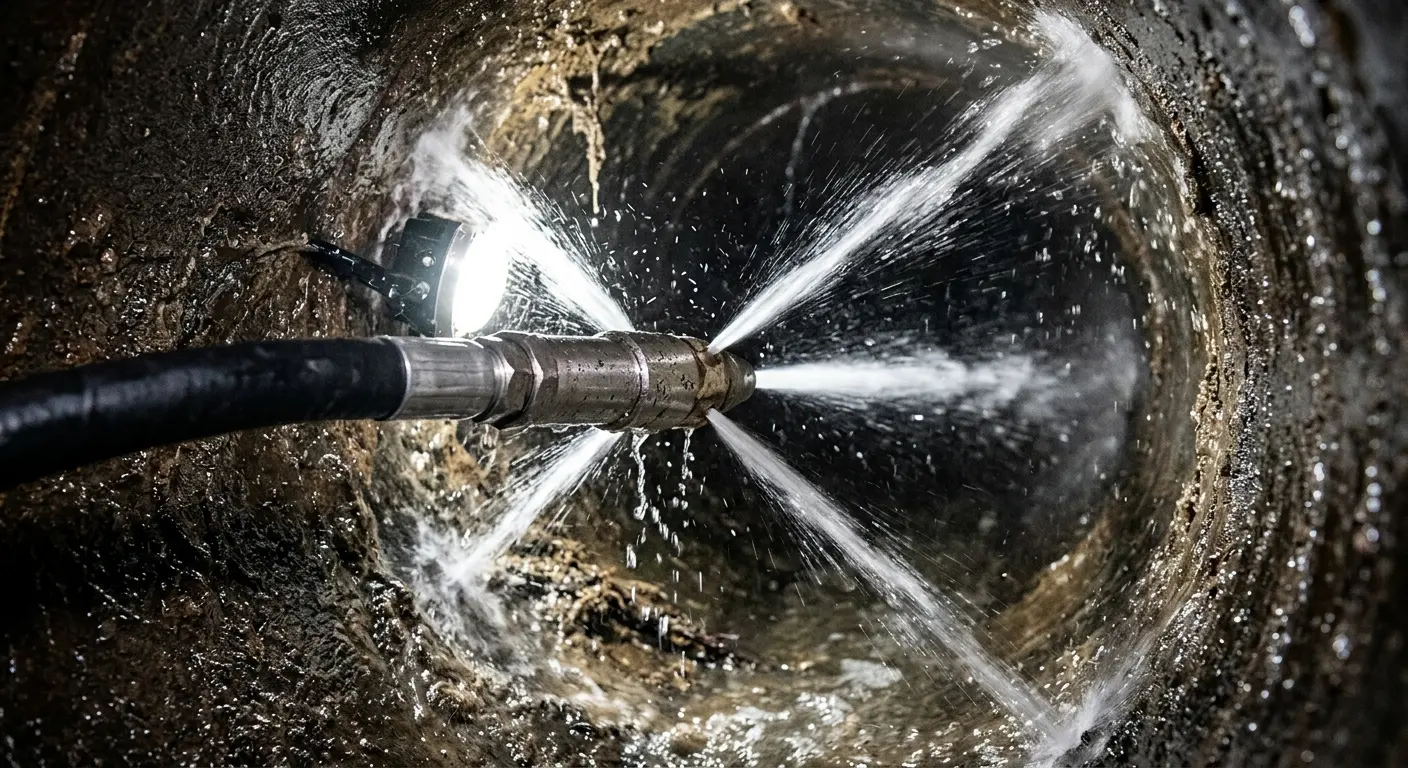 High-pressure hydro jetting nozzle cleaning sewer pipe for Trenchless Sewer Repair in Glendale