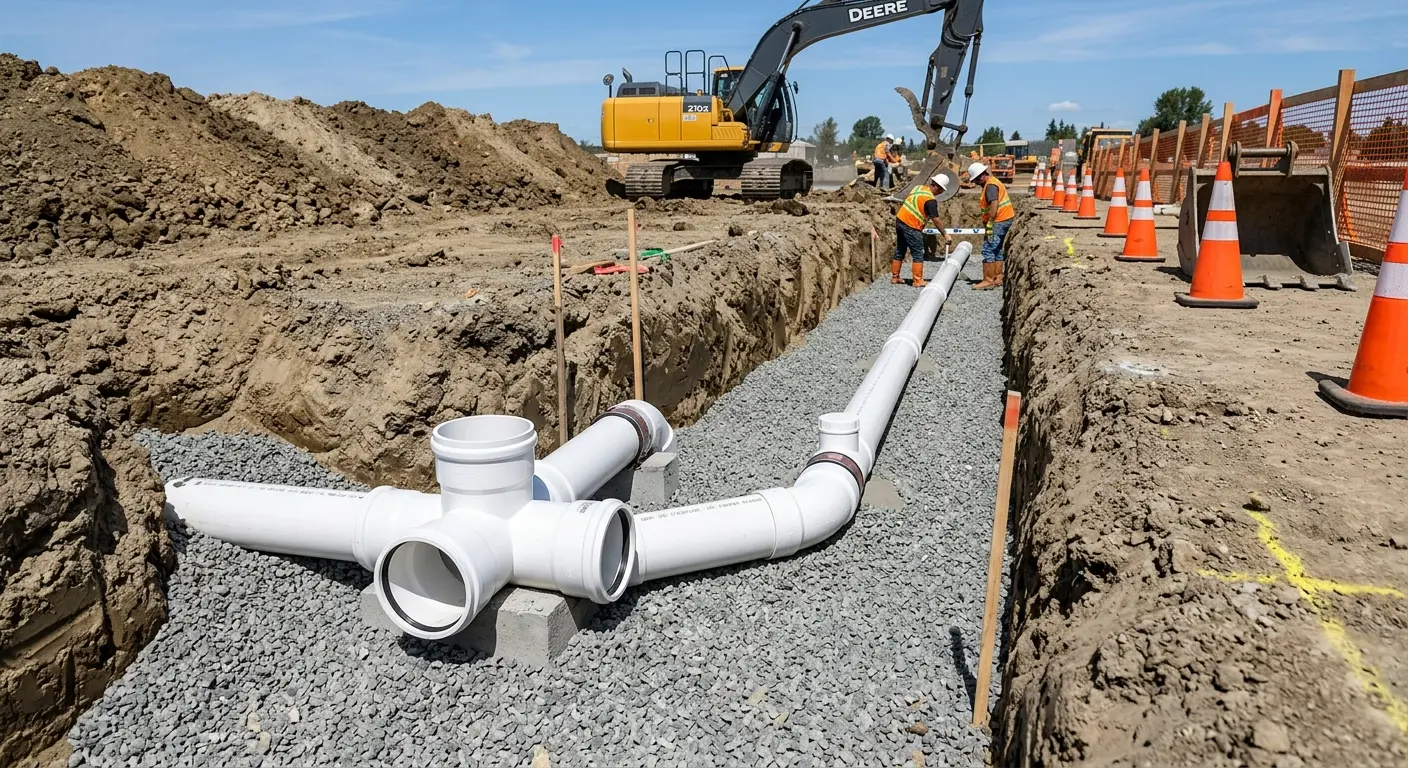 New PVC sewer pipe installation in open trench for Commercial Drain Cleaning in Glendale