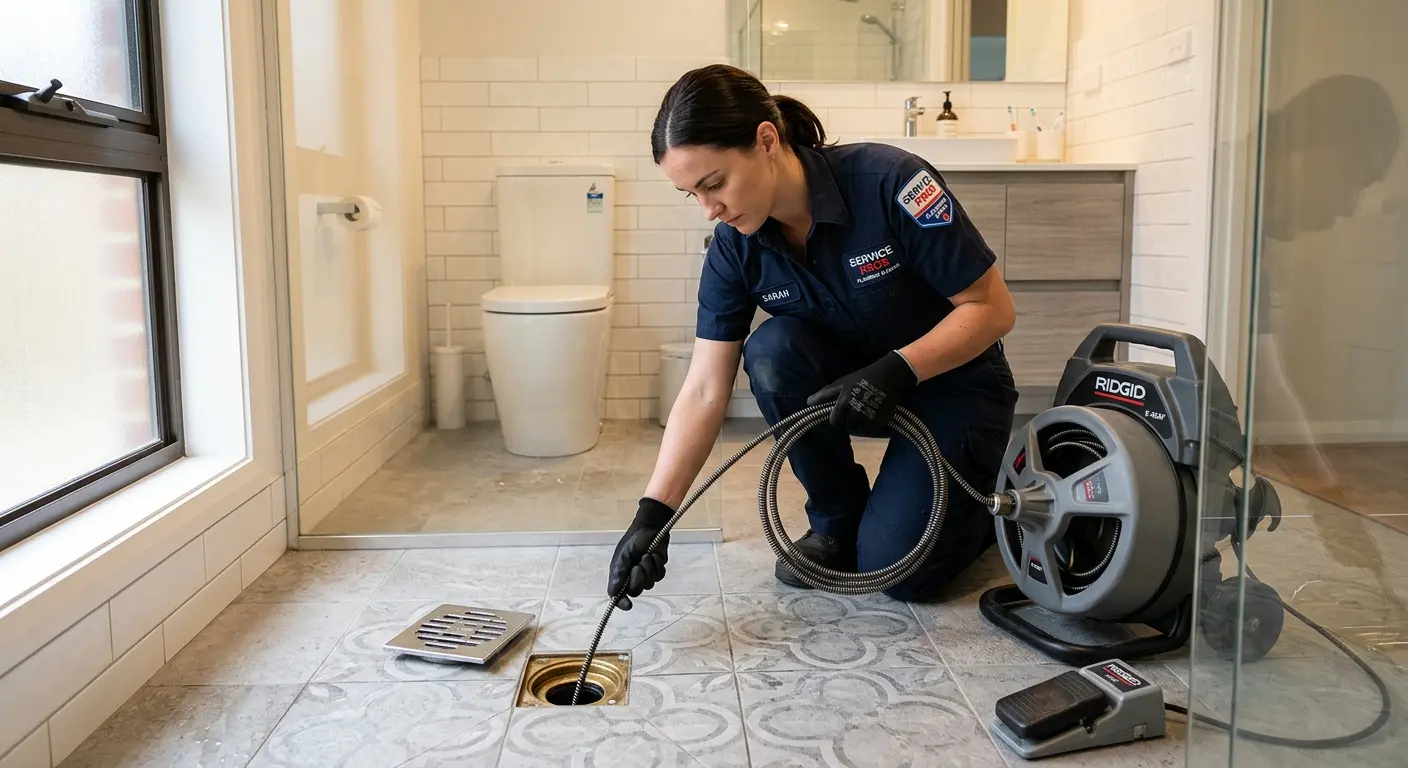 Technician clearing a bathroom floor drain for Sewer Line Installation in Glendale